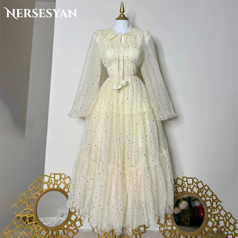 

Nersesyan Glitter Elegant Formal Prom Dresses Ruched High Neck Puff Sleeves Evening Dress A-Line Sparkly Graduation Party Gowns