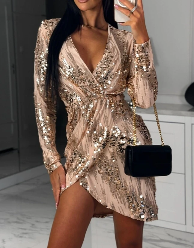 

Women's Ruched Plunge Long Sleeve Sequin Dress Asymmetrical Daily Work Temperament Commuting Sexy Elegant Dresses Summer New