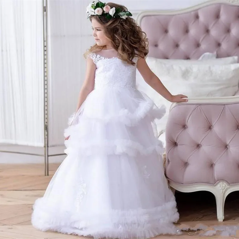 

Holy Sleeveless Lace Printing Layered Princess Flower Girl Dresses Wedding Party Ball First Communion Dresses Dream Kids Gift