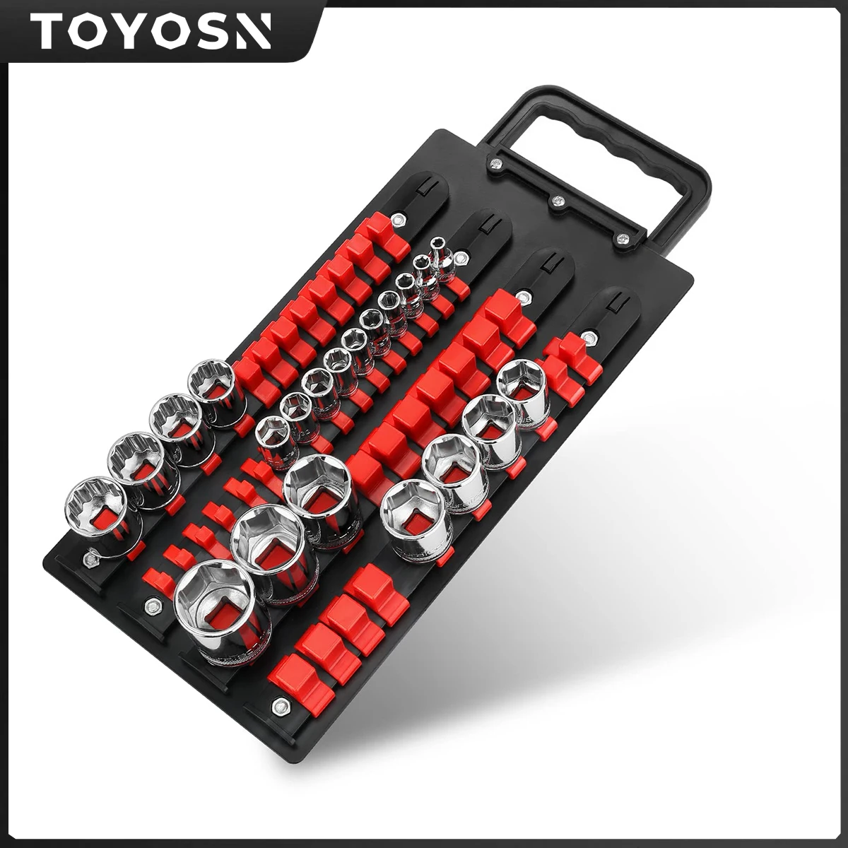 48Pcs Portable Socket Holder with Handle, ABS Socket Tray Wall and Tool Cart Mounted, 1/4” 3/8” 1/2" Drive Socket Organizer Tray
48Pcs Portable Socket Holder with Handle, ABS Socket Tray Wall and Tool Cart Mounted, 1/4” 3/8” 1/2" Drive Socket Organizer Tray