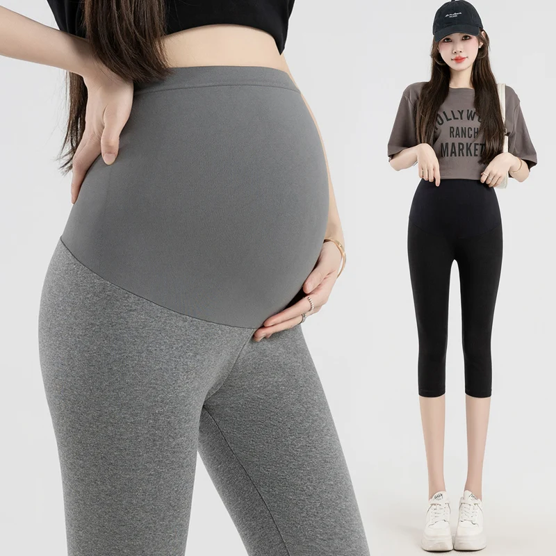

2024 Summer Maternity 95% Cotton Leggings Stretched Pregnant Woman Belly Pants Skinny Mid-calf Sports Trousers Capri Pants Thin
