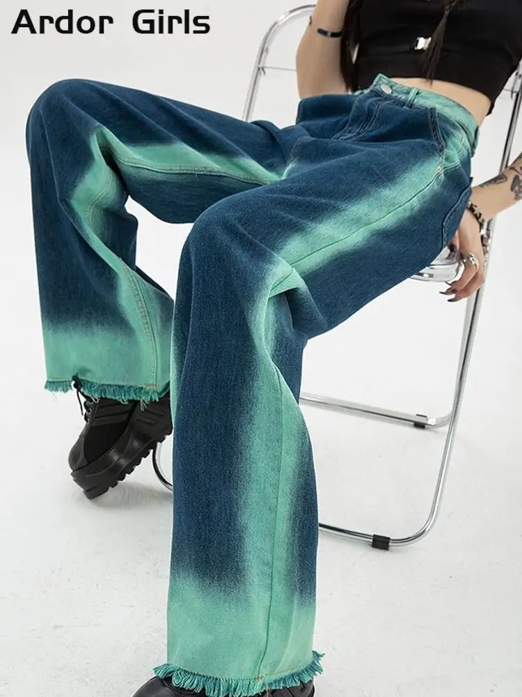 

Y2K Contrast Jeans Women High Waist Chic Raw Hem Wide Leg Female Pants 2023 Spring Summer Chic Blue Denim Lady Trousers