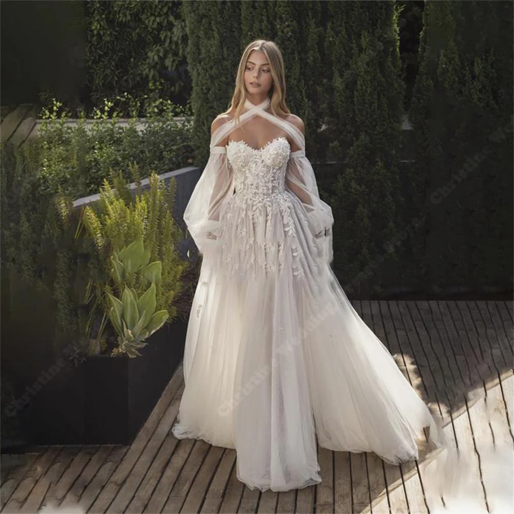 

Винтажное свадебное платье с длинным рукавом и открытыми плечами, блестящее цветное прозрачное Тюлевое платье-трапеция, свадебное платье, кружевные халаты с аппликацией