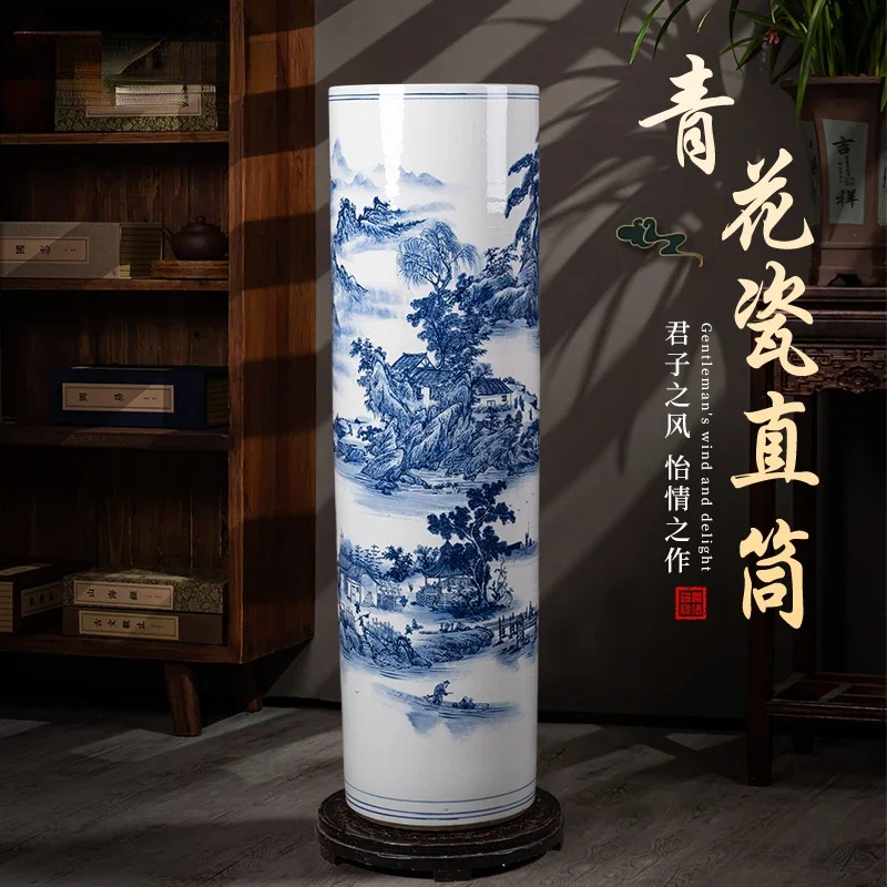 

Большая керамическая ваза Цзиндэчжэнь, Новая китайская прямая сине-белая фарфоровая декорация для гостиной