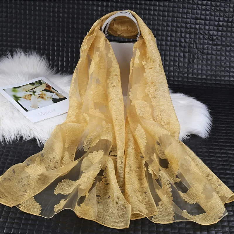 

New Eugen Cut Silk Scarf for Women's Spring and Summer Thin Sun Protection Gauze Scarf Lace Hollow Embroidered Long Shawl