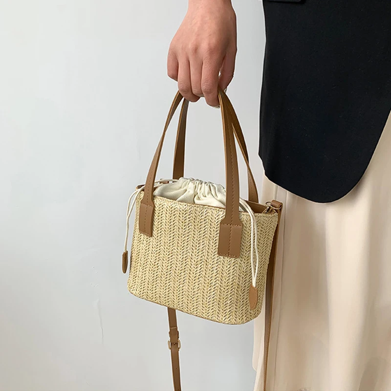 Knit Straw Bucket Tote - Woven Beach Travel Bag with Wrist Handle 9 S3cf876bad52e49dcaeebab1fe1b4fd956