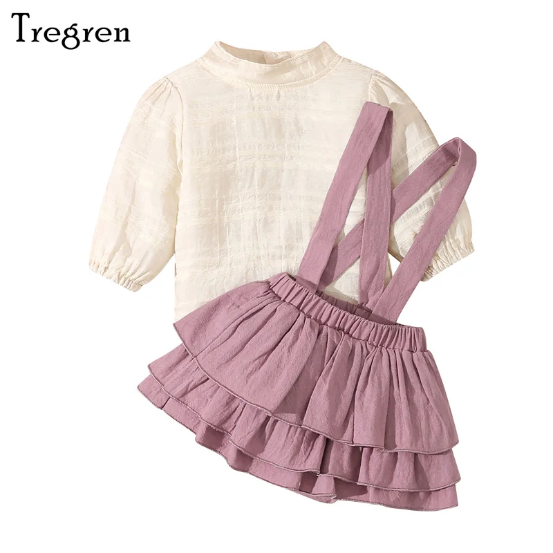 

Tregren 0-18M Newborn Infant Baby Girl 2Pcs Clothes Sets Solid Color Jacquard Long Sleeve Mock Neck Tops Ruffle Suspender Shorts