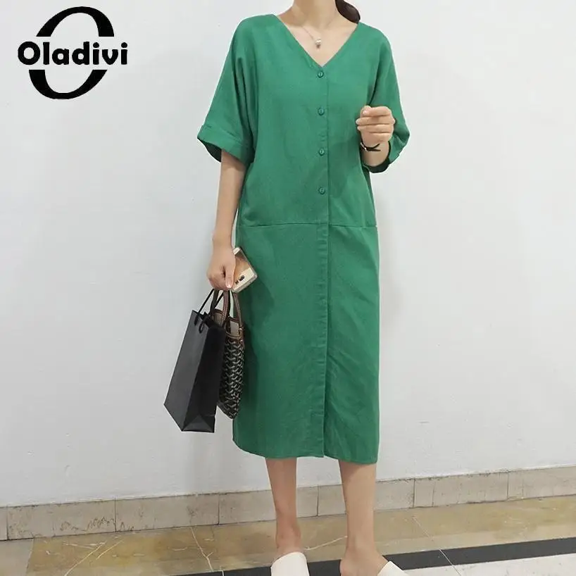 

Oladivi Large Size Women Casual Loose Solid Color Midi Dress 2023 Summer Oversized Dresses Female Tunic Robe Vestidios 4XL 1033