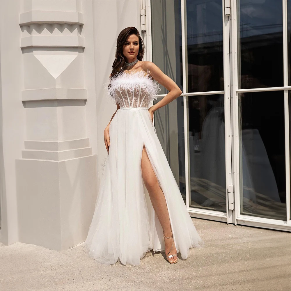 

Elegant Off the Shoulder Chiffon Wedding Dresses for Women A-line Pleateed Wedding Gown with Feathers Lace up Свадебное платье