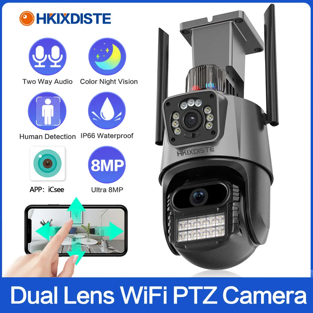 

8MP 4K Wifi Camera Dual Lens Dual Screen PTZ Outdoor Waterproof Security Video Surveillance Camera Police Light Alarm IP Camera