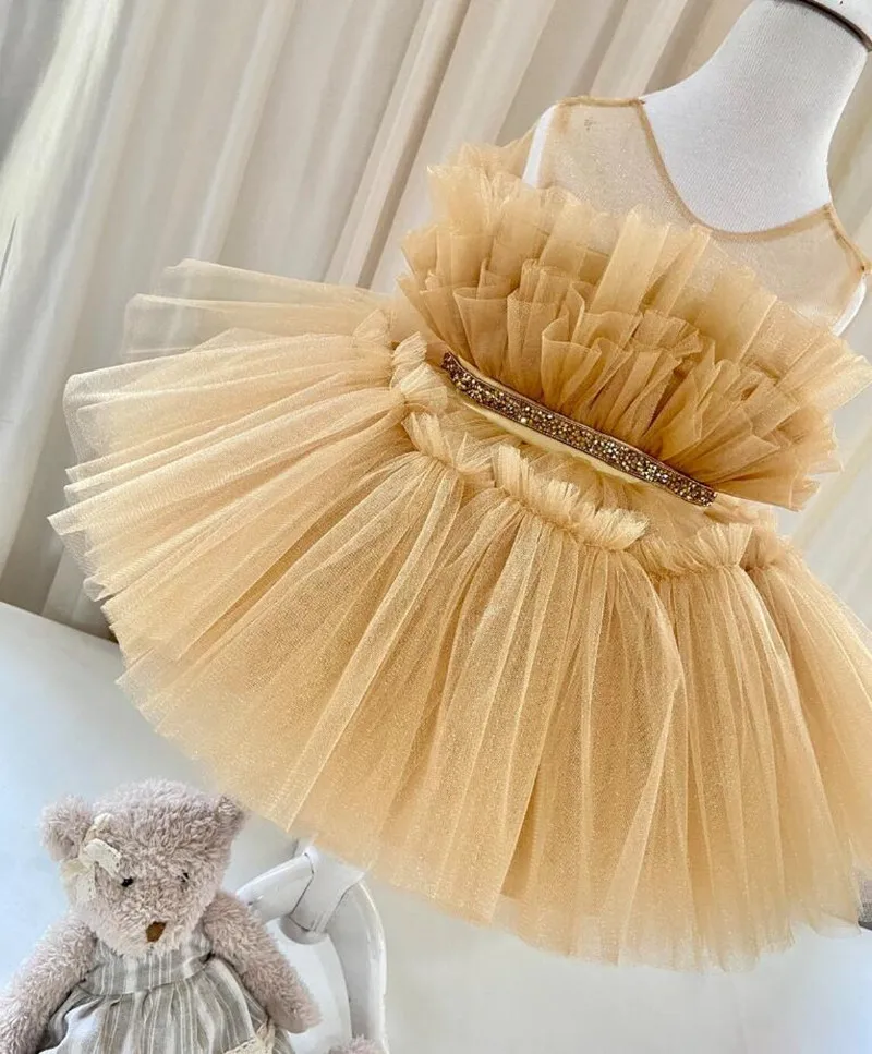 

Champagne Tulle Puffy Dress Girl Ruffle First Birthday Dress Tutu Gown Flower Girl Wedding Party Dress 1st Communion Cloth