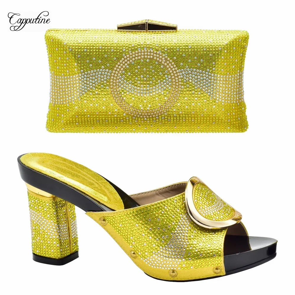 

Желтые Женские африканские летние дизайнерские модные дамские тапочки на высоком каблуке, сумочка, кошелек, пантолеты 503-5