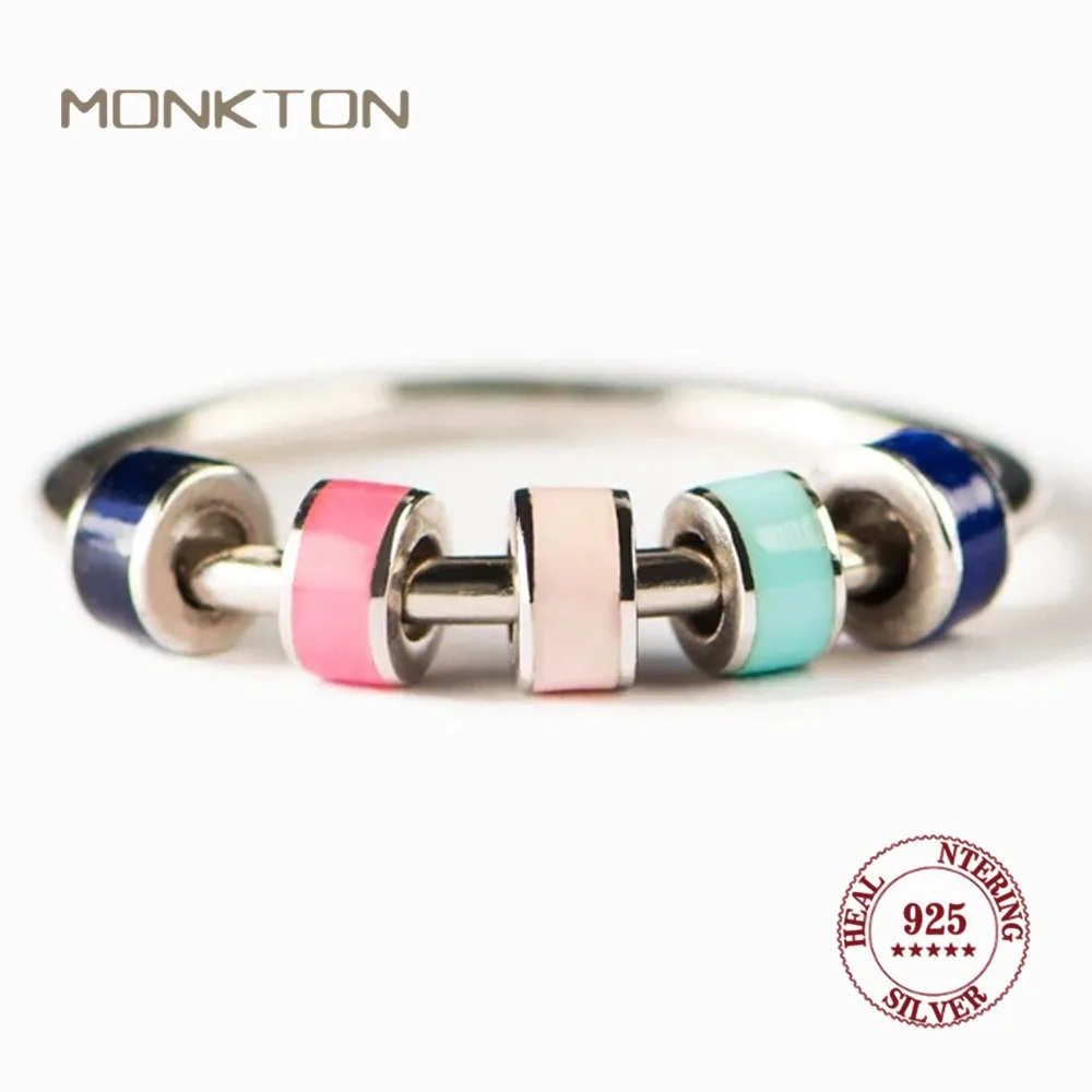 

Monkton 925 Sterling Silver Anti Anxiety Ring With Colorful Enamel Beads Stress Relief Spinner Ring For Women Men Jewelry Gifts