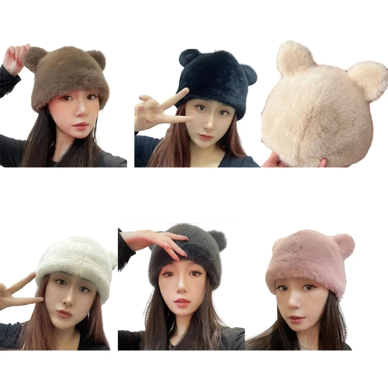 

Adult Teens Plush Bear Ear Hat Winter Skiing Windproof Thicken Beanie Dropship