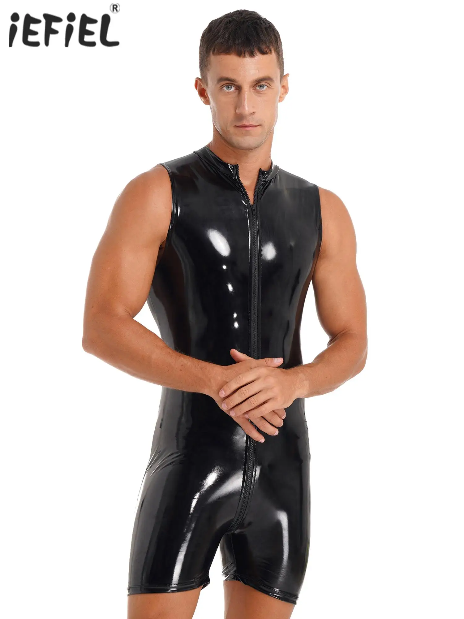 

Black Men Wet Look Patent Leather Glossy Bodysuit Sleeveless Zipper Crotch Lingerie Club Pole Dancing Costume Jumpsuits Clubwear