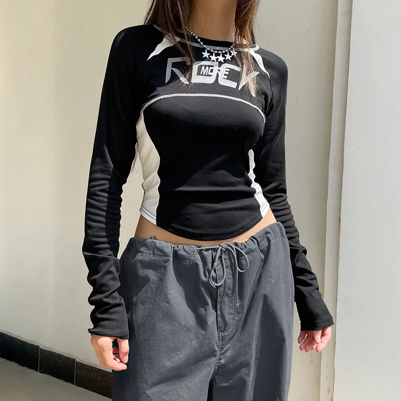 Personalized Spliced Color Slim T-Shirts Women Spring Black Streetwear Long Sleeve Crop Top Cool Girl Letter Print Tees
Personalized Spliced Color Slim T-Shirts Women Spring Black Streetwear Long Sleeve Crop Top Cool Girl Letter Print Tees
