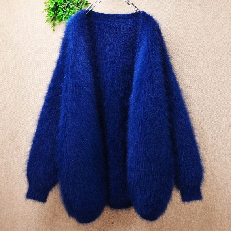 

Female Women Autumn Winter Clothing Blue Hairy Mink Cashmere Knitted Long Sleeves Loose Cardigans Angora Fur Jacket Sweater Coat