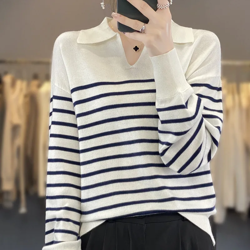 Knitted Striped Sweater 2024 Spring and Autumn New Women's with Lantern Sleeves POLO Neck V-neck Versatile Casual and Trendy Top
Knitted Striped Sweater 2024 Spring and Autumn New Women's with Lantern Sleeves POLO Neck V-neck Versatile Casual and Trendy Top