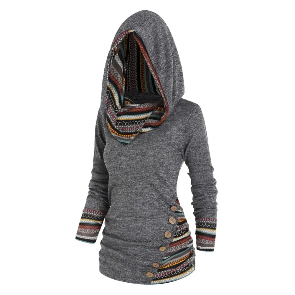 

Women Hoodie Geometric Stripe Splicing Print Hoodie Ethnic Style Autumn Winter Mid-length Sweatshirt Mid-length Stretchy
