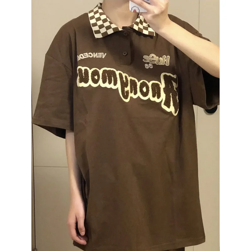 Deeptown Y2k Vintage Brown Oversize T-shirts Women Harajuku Letter Embroidered Short Sleeve Top Korean Style Streetwear Polo Tee
Deeptown Y2k Vintage Brown Oversize T-shirts Women Harajuku Letter Embroidered Short Sleeve Top Korean Style Streetwear Polo Tee