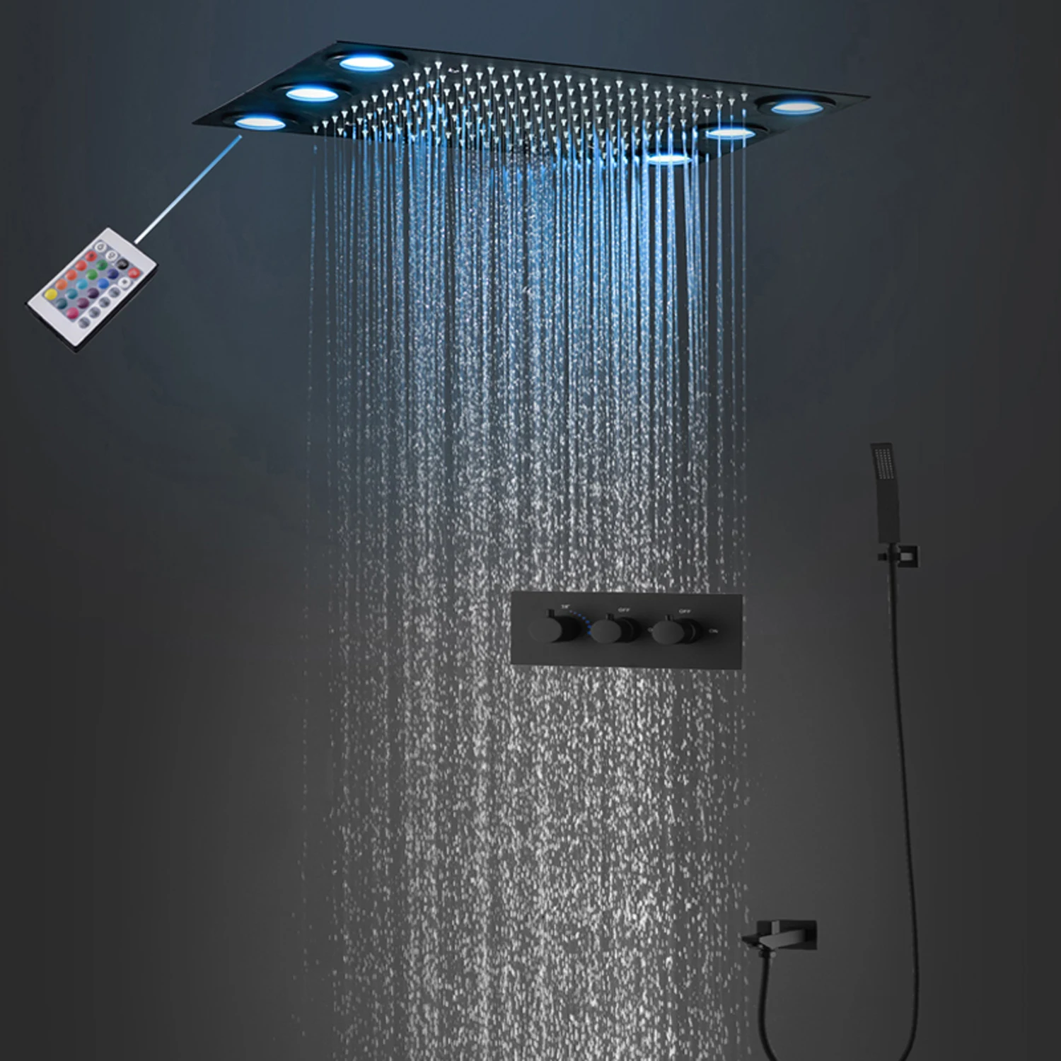 

hm High Quality Ceilling LED Shower Set 20x14inch Bathroom Rain Showerhead Panel Thermostatic Mixer Valve Faucets System