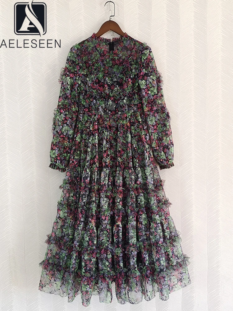 

AELESEEN Women Vintage Long Dress Runway Fashion Autumn Winter Flower Print Ethnic 3D Ruffles Edible Tree Fungus Elegant Retro