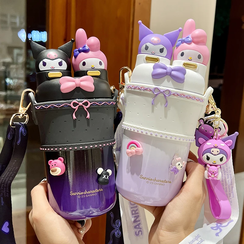

Sanrio Kuromi Straw Water Cup Children Thermos Bottle Steel Student Kettle Large Capacity Portable Shoulder Strap Children Gifts