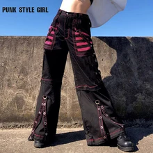 

Punk Emo Wide leg Pants Chain Women Oversize Low Rise Bandage Baggy Trousers Buckle Dark Indie Academic Cargo Jeans 90s E Girl