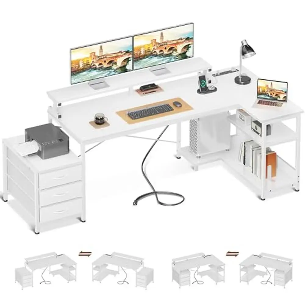 

Компьютерный стол с двусторонними выдвижными ящиками, сетевые розетки, тканевые ящики, полки и подставка для монитора, L-образный офисный стол для игр и