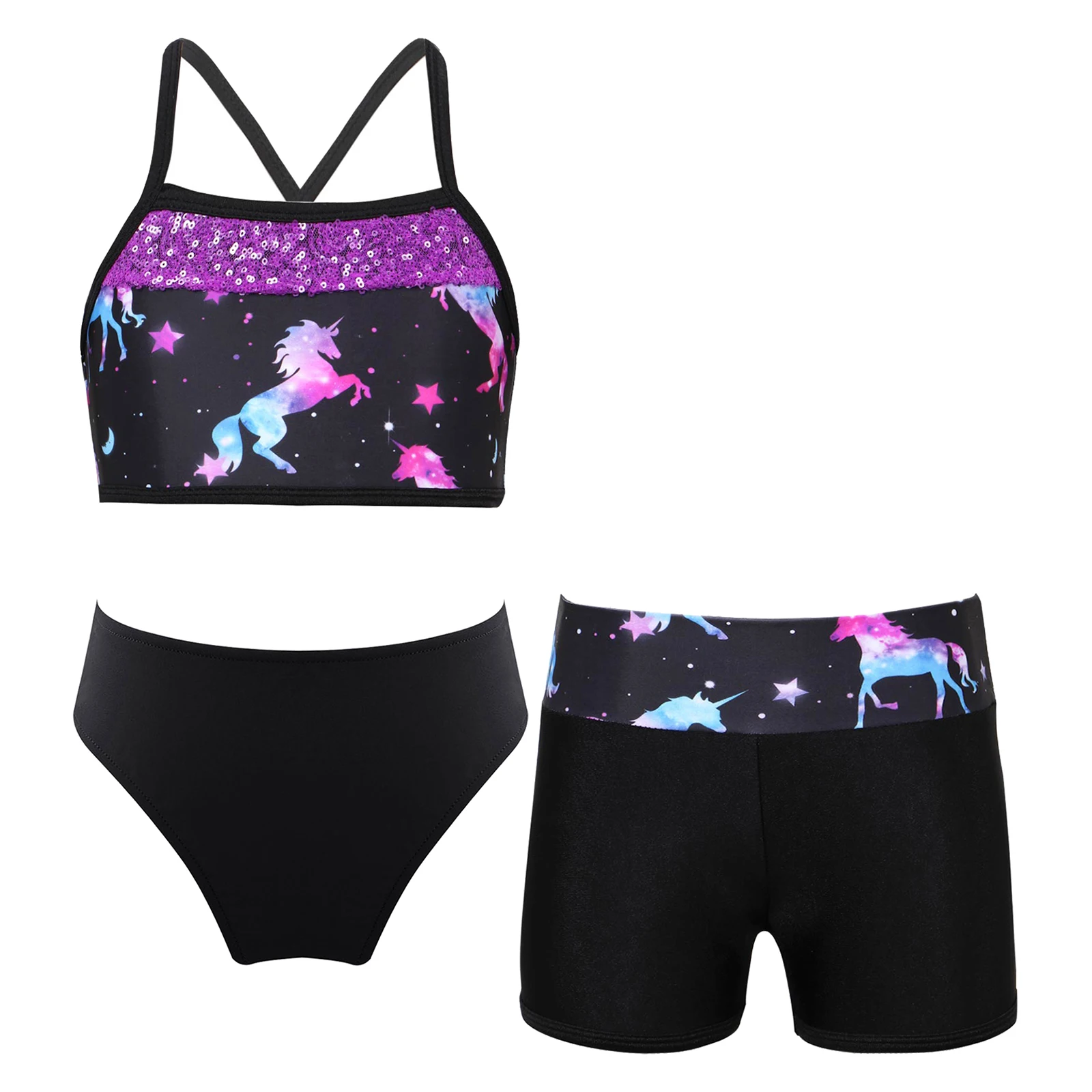 

Summer New 3Pcs Kids Girls Printed Tankini Swimsuit Set Sleeveless Sequin Crop Top with Shorts And Briefs for Swimming Holiday