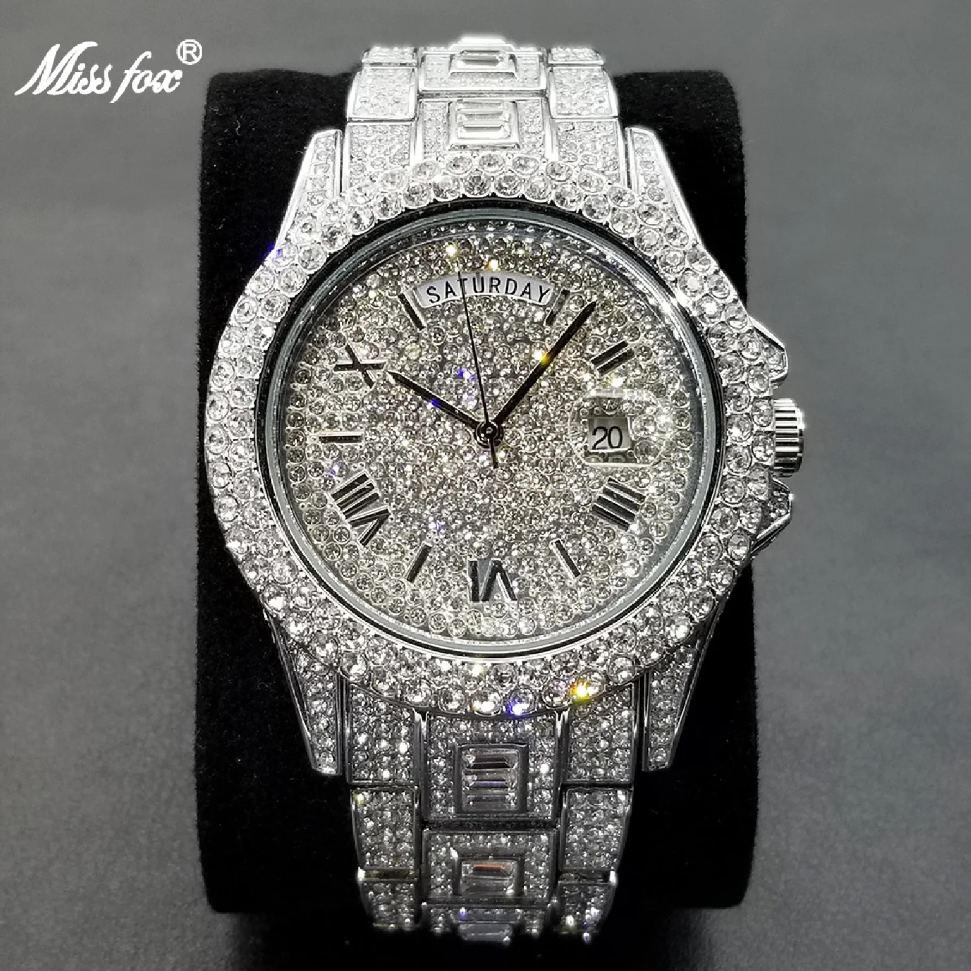 

New Ice Out Day Date Men Watch Luxury Moissanite Silver Clock Hip Hop Stainless Steel Dual Calendar Waterproof Watches 2023 New