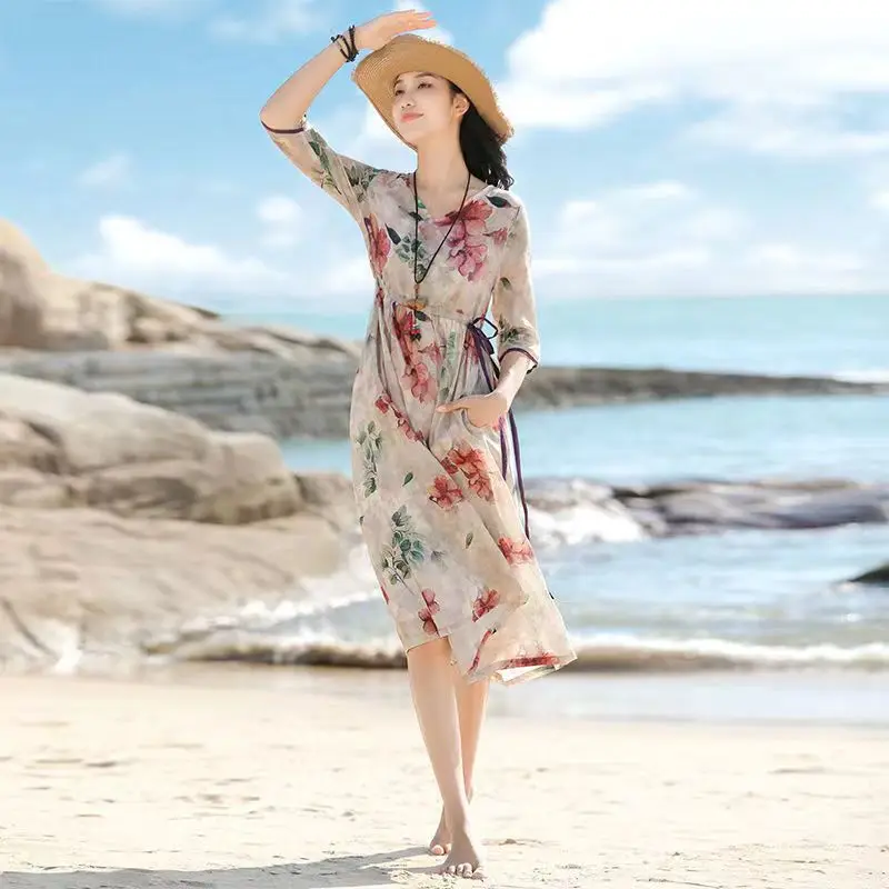 2023 Summer Fashion Floral Printed Beach Dress Ladies Elastic Waist Beach Dress Boho Holiday Casual Loose Maxi Dresses Female
2023 Summer Fashion Floral Printed Beach Dress Ladies Elastic Waist Beach Dress Boho Holiday Casual Loose Maxi Dresses Female