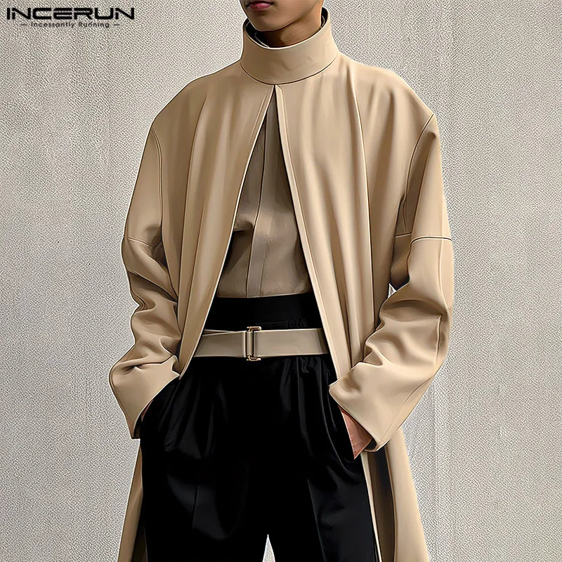 

INCERUN 2024 Men Cloak Coats Turtleneck Long Sleeve Streetwear Casual Trench Loose Solid Color Open Stitch Fashion Male Ponchos