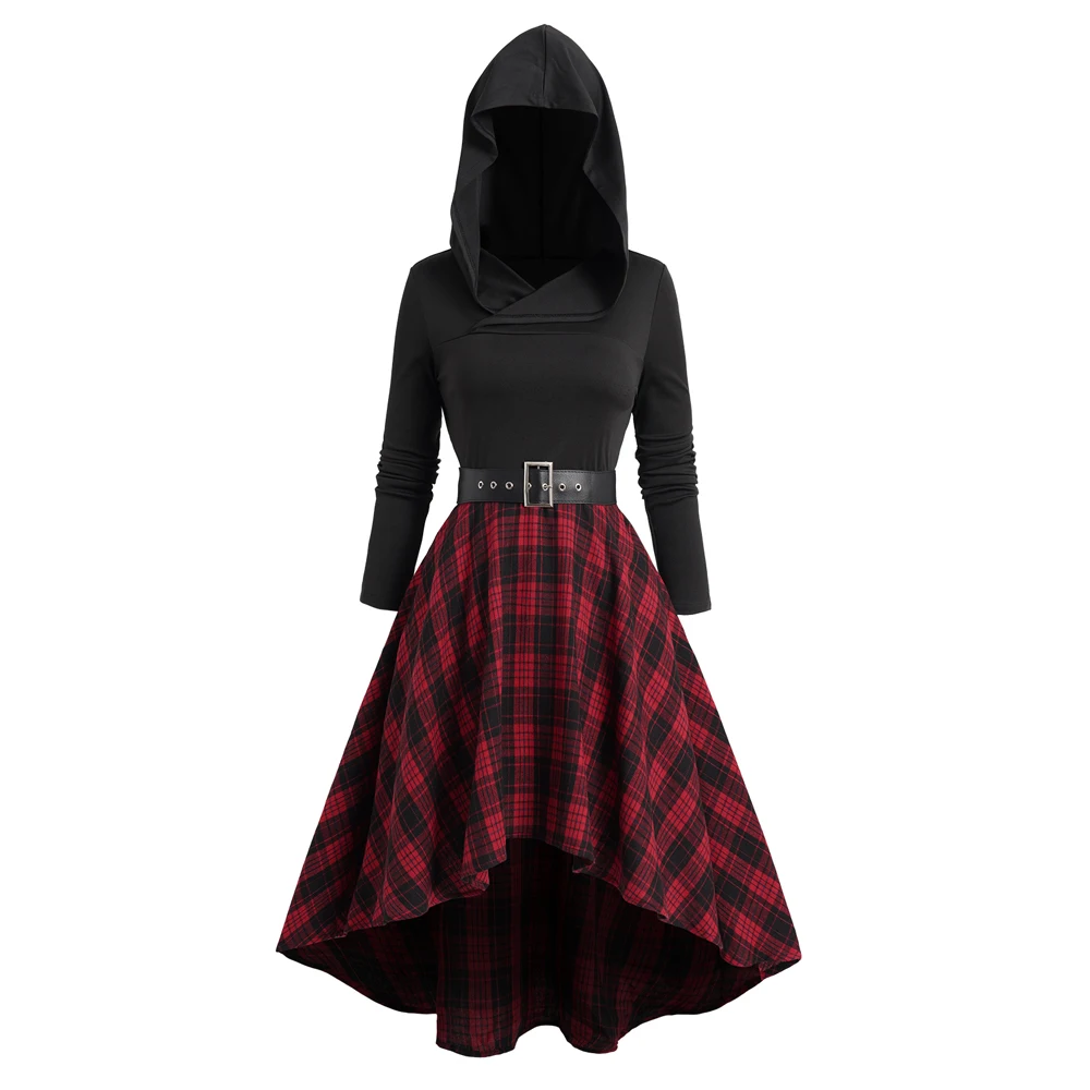 

Fall New Plaid High Low Hooded Midi Dress For Women Daily Clothing Belted Long Sleeve Casual Vestido Feminino