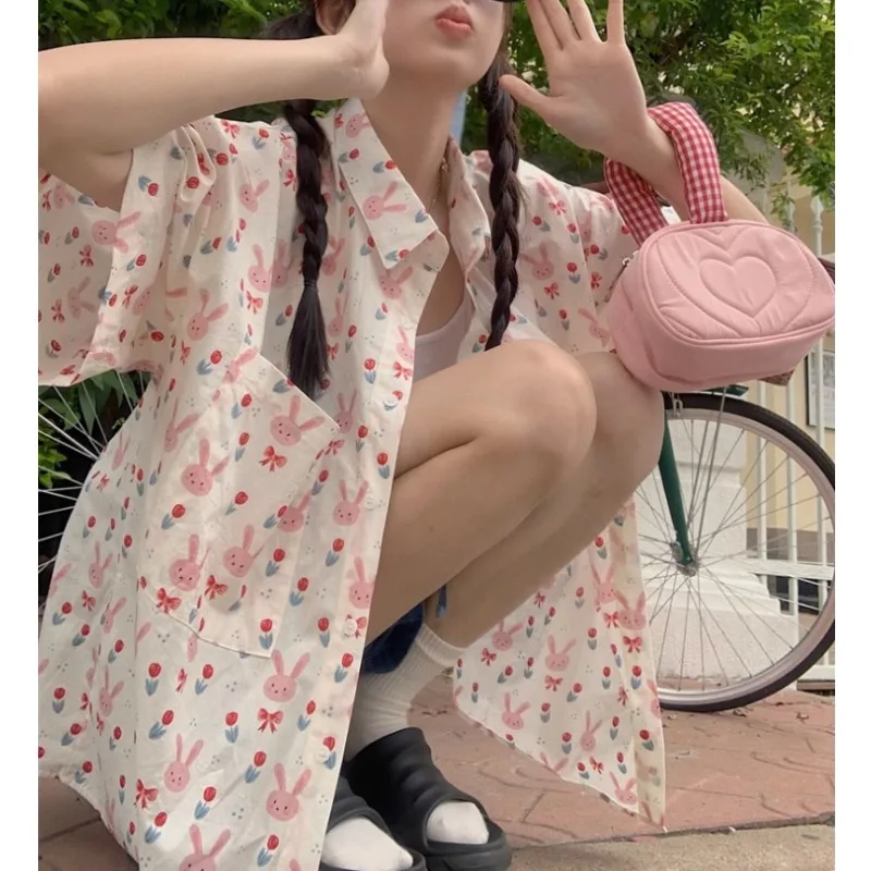 Vintage Pink Flower Rabbit Full Print Cartoon Shirts Preppy Kawaii Button Up Blouse Loose Short Sleeve Summer Womens Tops Korean
Vintage Pink Flower Rabbit Full Print Cartoon Shirts Preppy Kawaii Button Up Blouse Loose Short Sleeve Summer Womens Tops Korean
