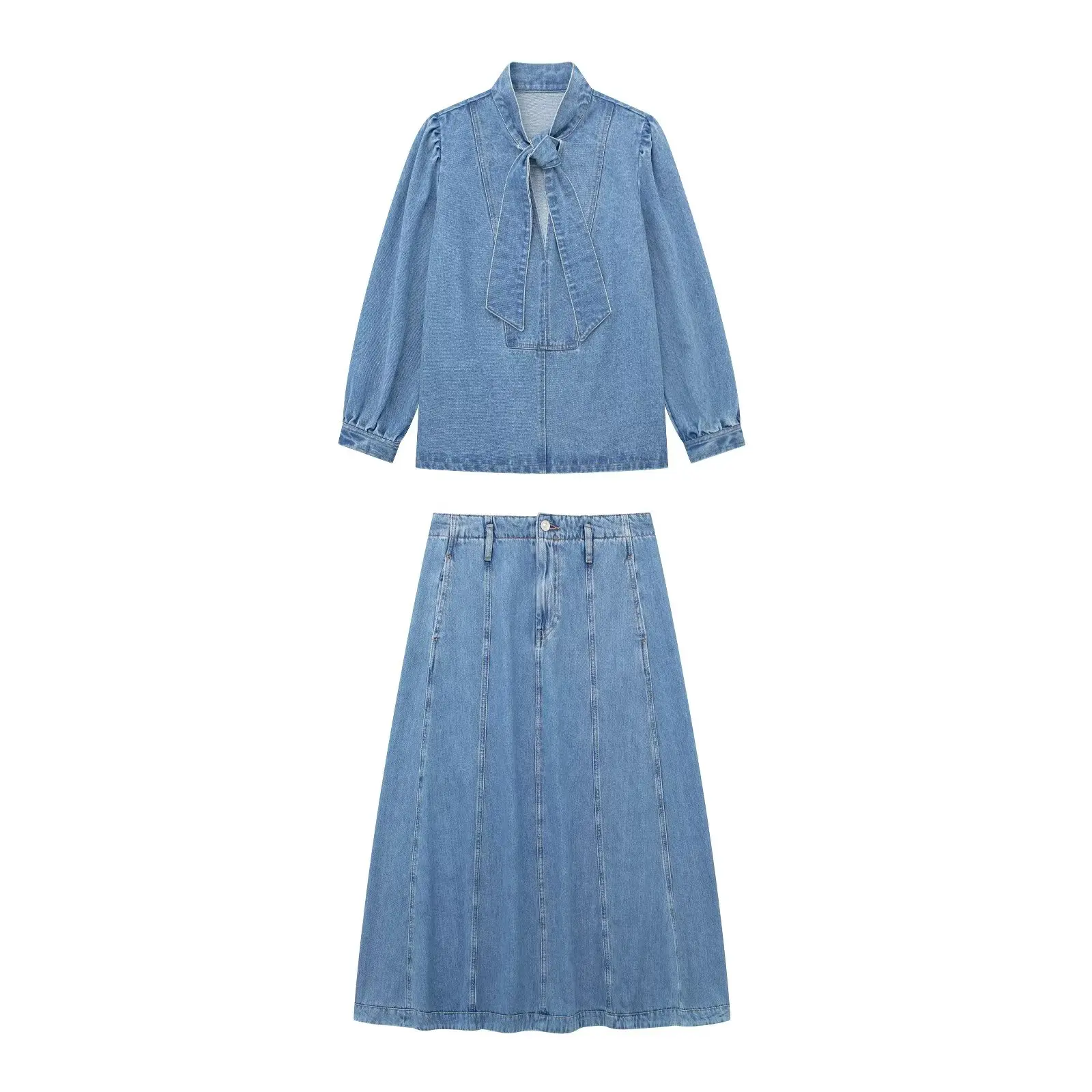 Woman Elegant Loose Blue Bow Denim Shirt Matching Suit 2023 Spring Female High Waisted A-Line Midi Skirt Suits Ladies Denim Sets
Woman Elegant Loose Blue Bow Denim Shirt Matching Suit 2023 Spring Female High Waisted A-Line Midi Skirt Suits Ladies Denim Sets