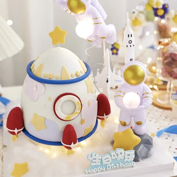 황금 우주 행성 별 반짝이는 핑크 캔들, 우주 테마 케이크 드레싱, 일시 중단 우주 비행사 에나멜 달 야간 조명 장식