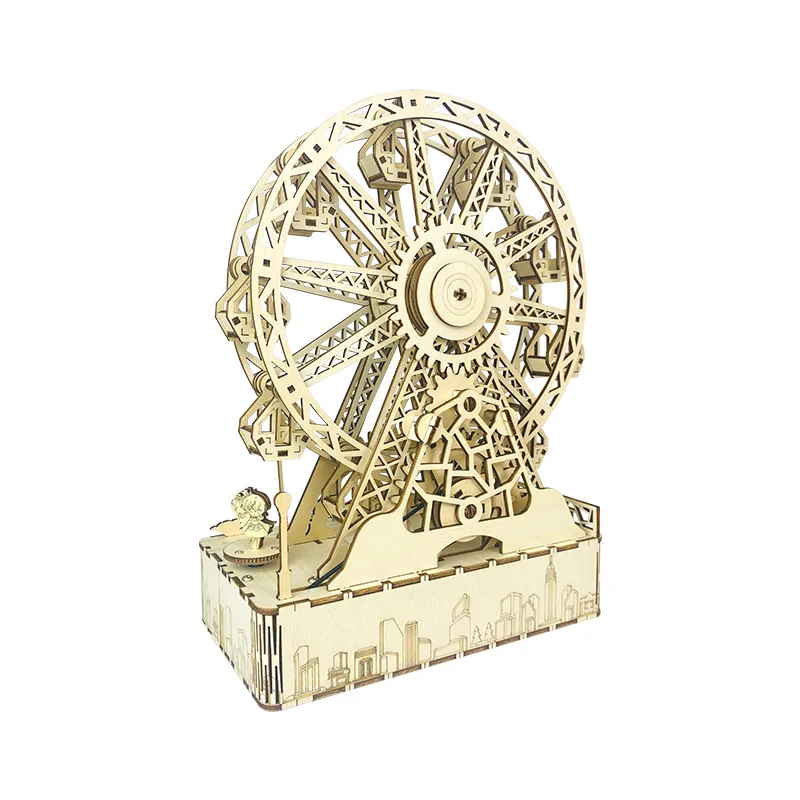 

3D Wooden Puzzle Rotating Ferris Wheel Music Box Model Handmade DIY Assembly Toy Jewelry Box Jigsaw Model Building Kits for Kids