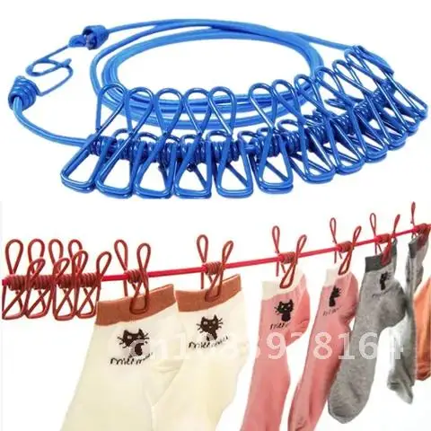 

12 Clips Multifunction Drying Rack Clothes Line with Cloth Hangers Steel Clothes Line Pegs Portable Travel Clothesline 180cm