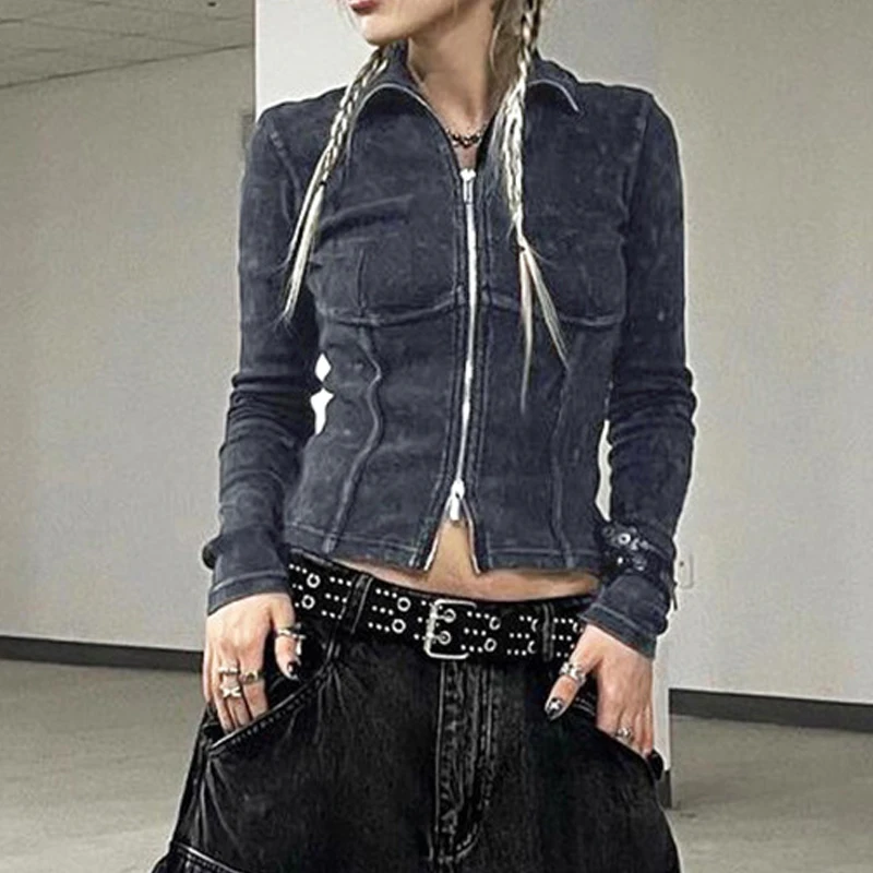 Goth Dark Cyber Gothic Zipper Ribbed Autumn Jackets Y2k Punk Techwear Women Slim Coats Turn Down Collar Streetwear Patchwork Top
Goth Dark Cyber Gothic Zipper Ribbed Autumn Jackets Y2k Punk Techwear Women Slim Coats Turn Down Collar Streetwear Patchwork Top