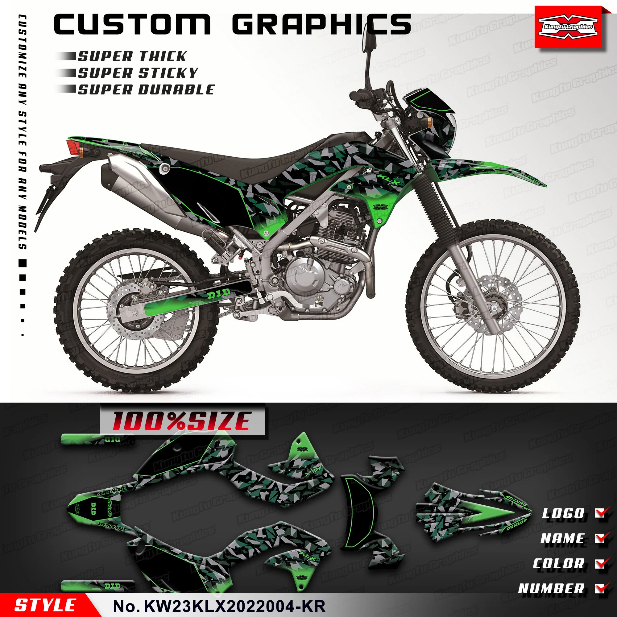 KUNGFU, графическая клейкая наклейка, виниловый Графический комплект для Kawasaki KLX230 2020 2021 2022, KW23KLX2022004-KR
KUNGFU, графическая клейкая наклейка, виниловый Графический комплект для Kawasaki KLX230 2020 2021 2022, KW23KLX2022004-KR
