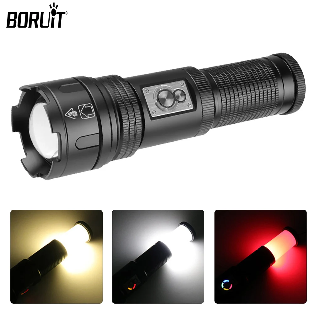 

BORUiT High Power Zoom LED Flashlight Dual Light Source 18650 USB Rechargeable Flashlights Tactical Torch Fishing Camping Light