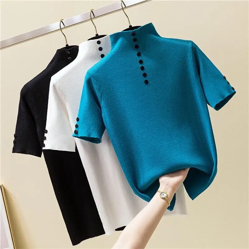 Female Knitted Ribbed Sweater Casual Knitted Button Pullovers Short Sleeve Turtleneck Thin Summer Korean Fashion Clothes
Female Knitted Ribbed Sweater Casual Knitted Button Pullovers Short Sleeve Turtleneck Thin Summer Korean Fashion Clothes