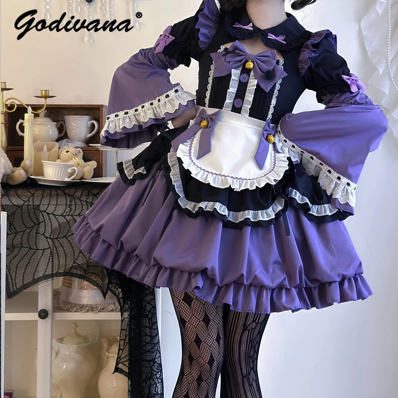 

Black Purple Maid Lolita Short Sleeve Op Bud Dress Japanese Style Sweet Color Matching Women Girls Cosplay Ball Gown Dresses