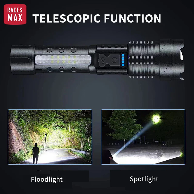 

Flashlight Hand LED Torch Side LED 100-1000 Lumen USB Rechargeable Flash Light Outdoor Waterproof Zoomable Emergency Camping