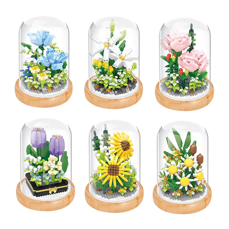 

Botte Cover Series:City Mini Immortal Flower Ornament Model Blocks Rose Sunflower Bouquet Potted Bricks Girl Friend Gift