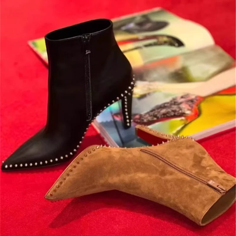 

Stud Embellished Leather Ankle Boots For Women Shoes High Heels Pumps Pointed Toe Spiked Rivets Botas Mujer Zip Chaussure Femme