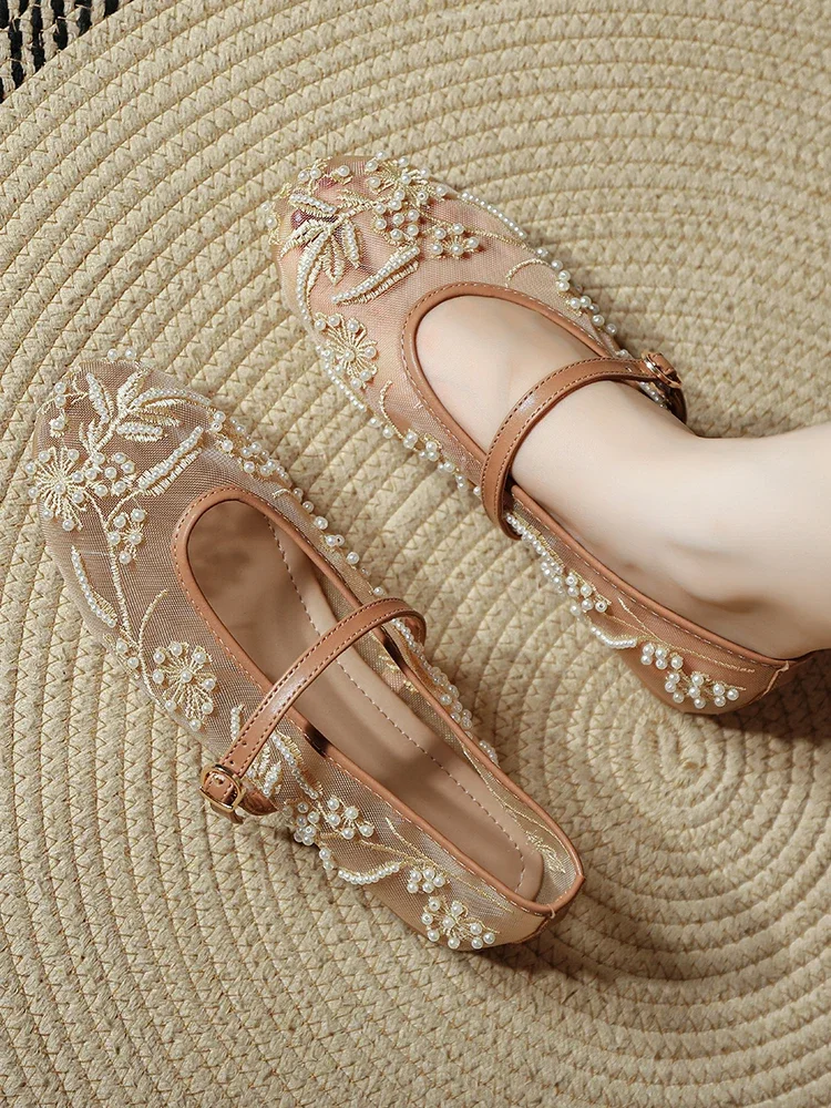 Summer White Pearl Decoration Mesh Embroidery Ballet Flats Women Elegant String Bead Flat Sandals Light Mary Jane Designer Shoes 42 S3d269ff2de244b1e8d160338fcd8996eB