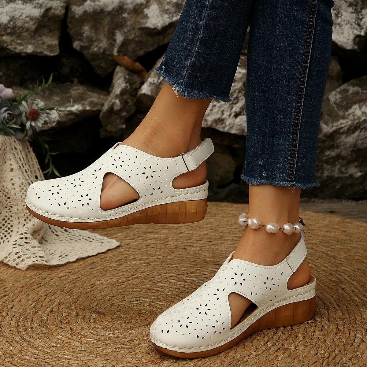 Vintage Women's Wedge Sandals Summer Hollow Out Slingback Casual Cutout Leather Shoes for Ladies 18 S3d2763cc005b4181b25d10a28ef833777