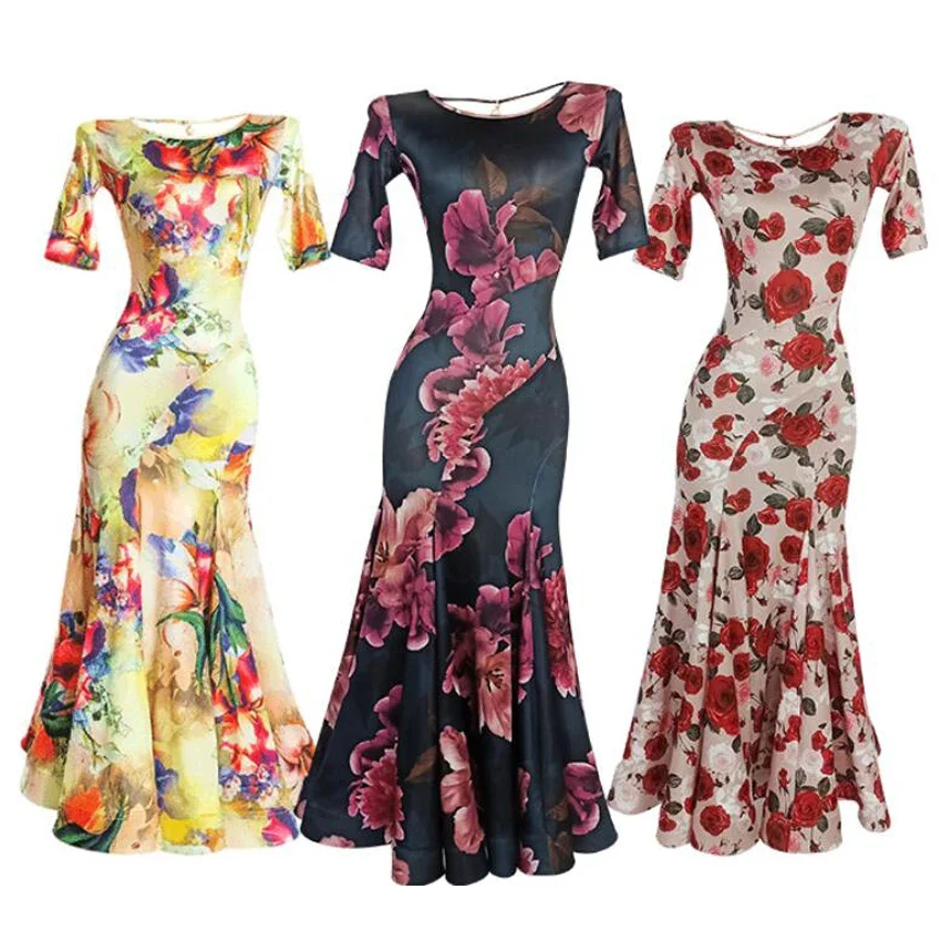 

Midi Sleeve Foxtrot Women Stage Waltz Long Dress Modern Dancewear Female Adult Elegant Flower Print Ballroom Dance Dresses